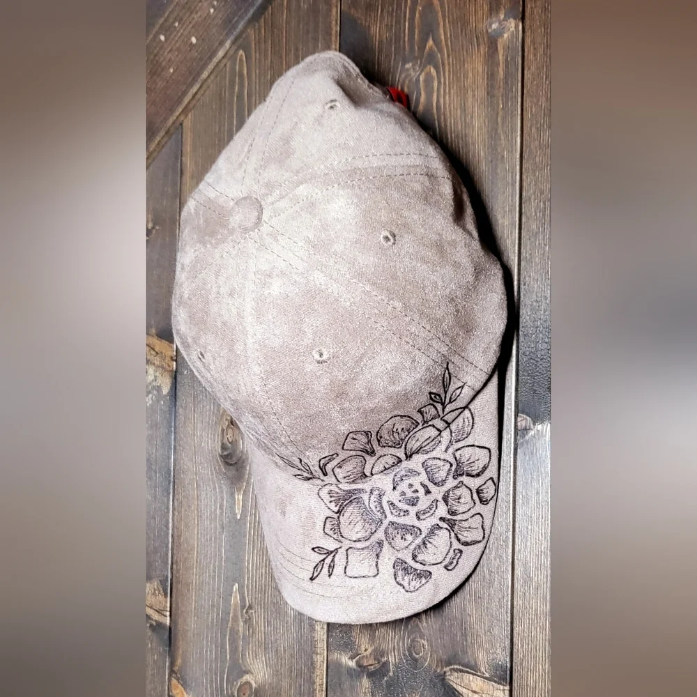 NWT Hand burned grey suede baseball cap with adjustable back